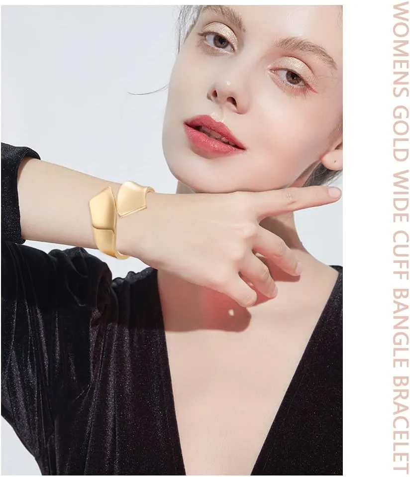 1-3Pcs 18K Gold Plating Bangles Bracelets for Women Chunky Polished-Finish Wrist Cuff Wrap Hinge Twist Bangle Opening Wide-Grooved Wire Statement Fashion Jewelry Bracelet for Women