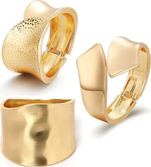 1-3Pcs 18K Gold Plating Bangles Bracelets for Women Chunky Polished-Finish Wrist Cuff Wrap Hinge Twist Bangle Opening Wide-Grooved Wire Statement Fashion Jewelry Bracelet for Women