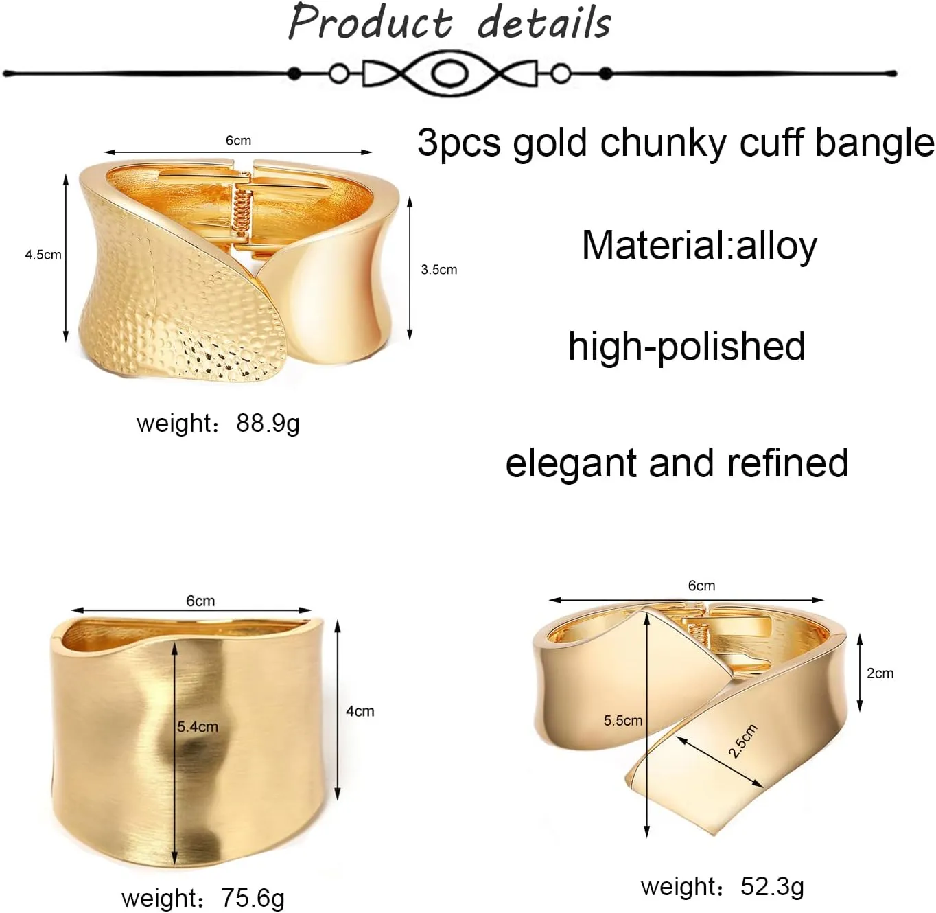 1-3Pcs 18K Gold Plating Bangles Bracelets for Women Chunky Polished-Finish Wrist Cuff Wrap Hinge Twist Bangle Opening Wide-Grooved Wire Statement Fashion Jewelry Bracelet for Women