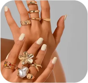 10PCS Chunky Gold Rings for Women Stackable Gold Rings Set Pearl Flower Statement Rings for Women Knuckle Ring Chunky Jewelry Set