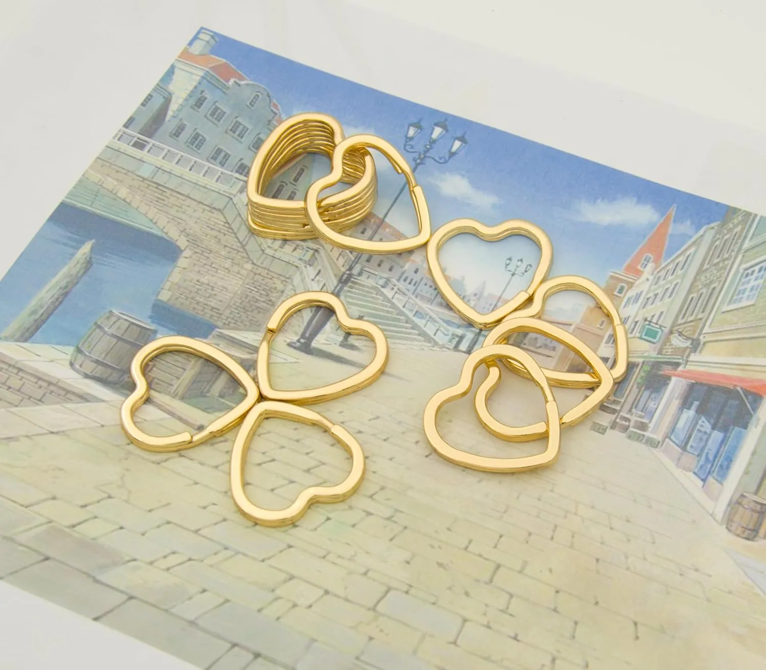 12pcs Creative Key Ring Keychain Heart Shape Golden Metal Flat Split Key Holder Chains Rings Crafts DIY for Home Car Tag Office Organization Lanyards Keys Attachment Gift