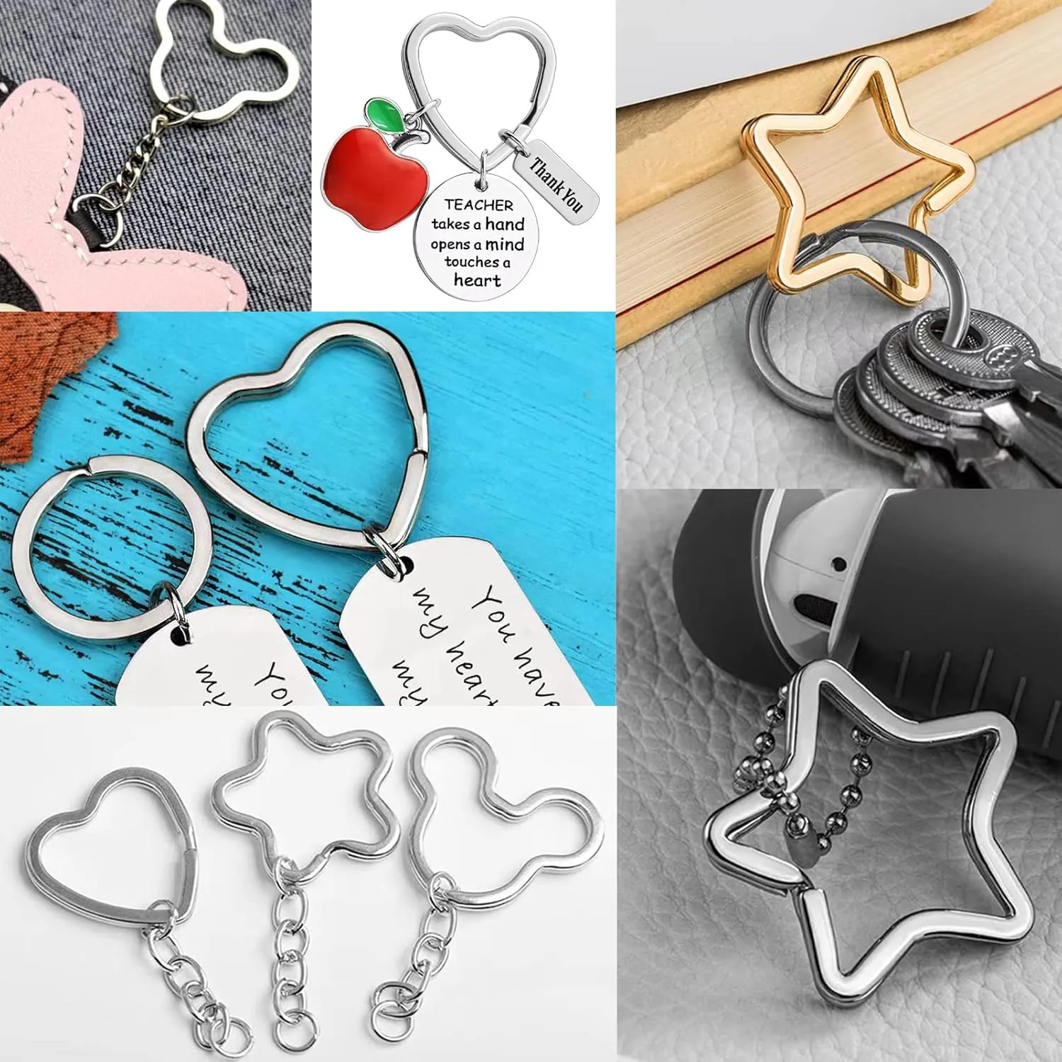 12pcs Creative Key Ring Keychain Heart Shape Golden Metal Flat Split Key Holder Chains Rings Crafts DIY for Home Car Tag Office Organization Lanyards Keys Attachment Gift