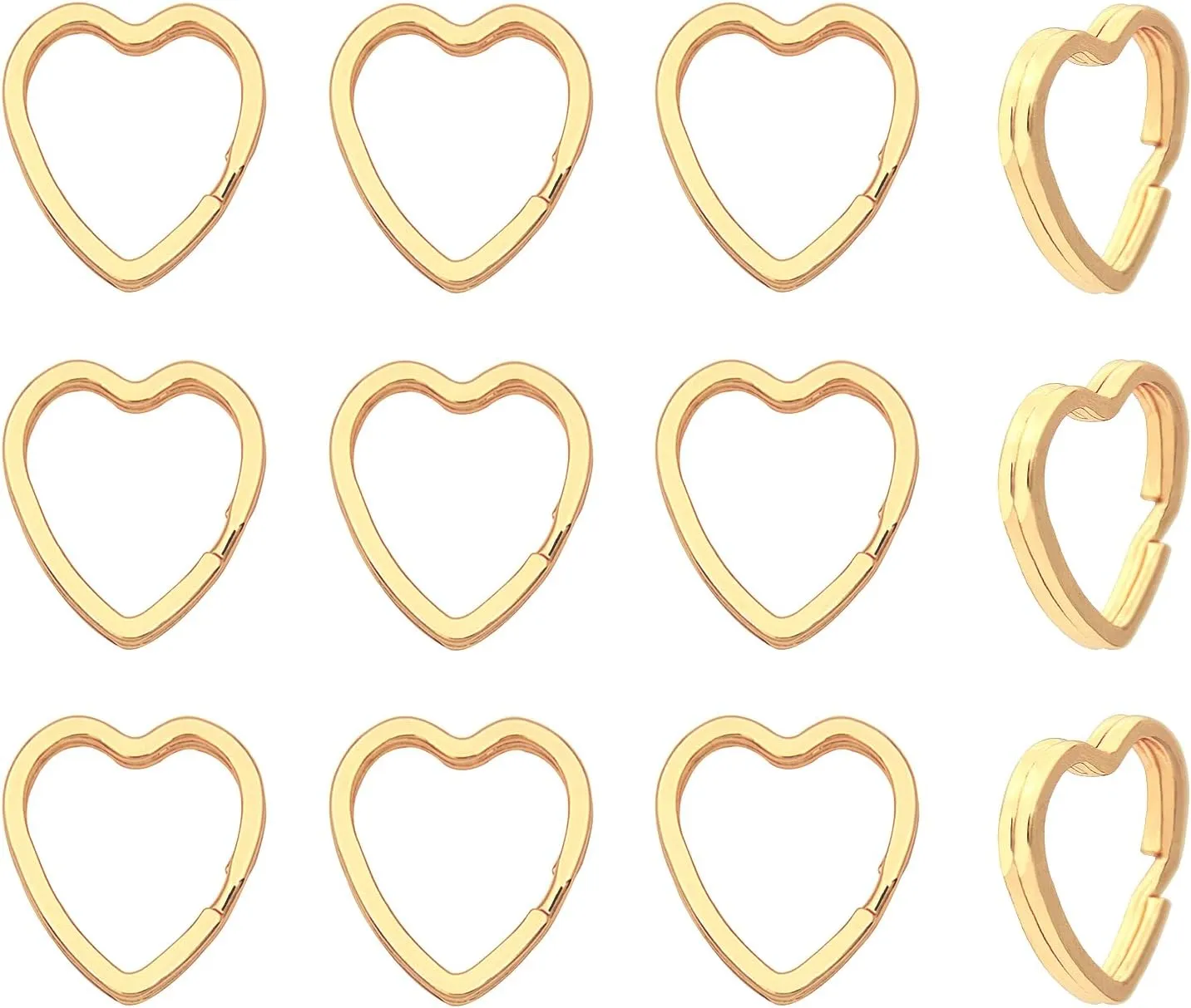 12pcs Creative Key Ring Keychain Heart Shape Golden Metal Flat Split Key Holder Chains Rings Crafts DIY for Home Car Tag Office Organization Lanyards Keys Attachment Gift