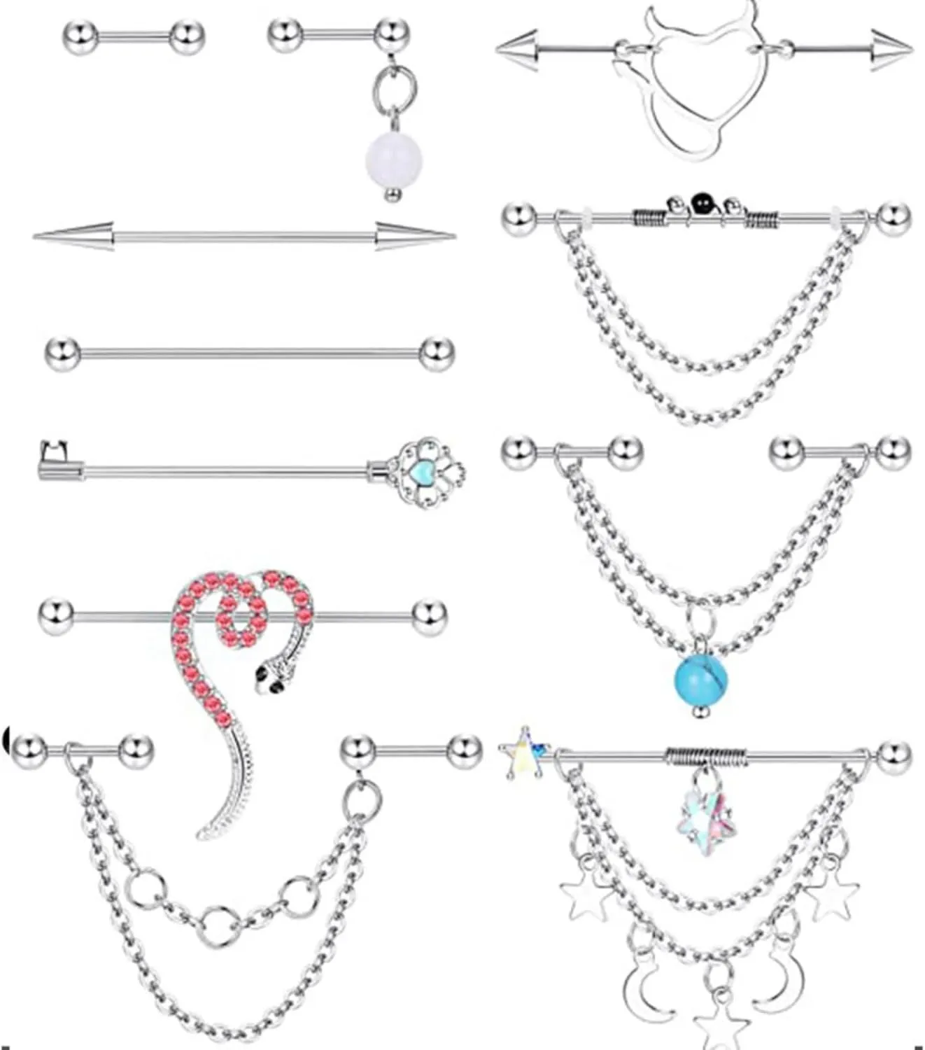 14G 16G Stainless Steel Industrial Barbell Earrings Chain Bar Silver Black Set Industrial Piercing Jewelry Women Mens Cartilage Retainer 11Pcs