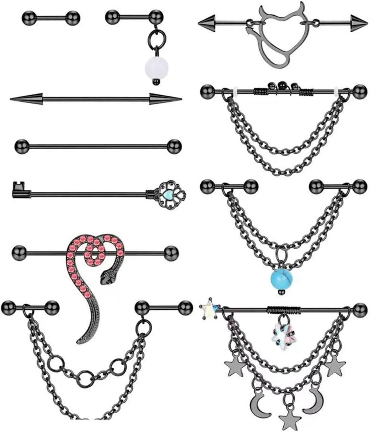 14G 16G Stainless Steel Industrial Barbell Earrings Chain Bar Silver Black Set Industrial Piercing Jewelry Women Mens Cartilage Retainer 11Pcs