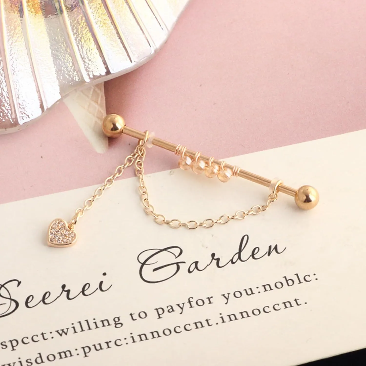 14G Stainless Steel Industrial Barbell Earrings Chain CZ Bar Dangle Heart Industrial Piercing Jewelry for Women Mens Cartilage Body Retainer