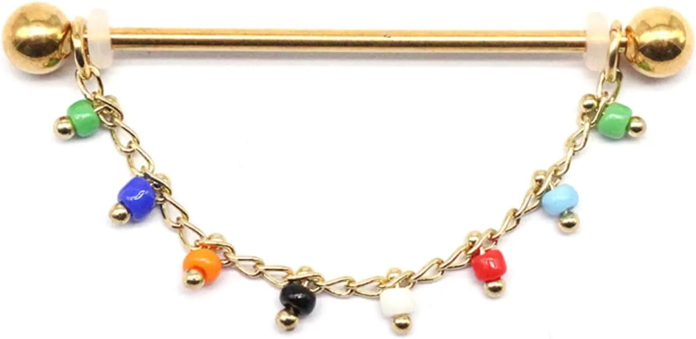 14G Stainless Steel Industrial Barbell Earrings Chain Gold Bar Beads Industrial Piercing Jewelry Women Mens Cartilage Retainer