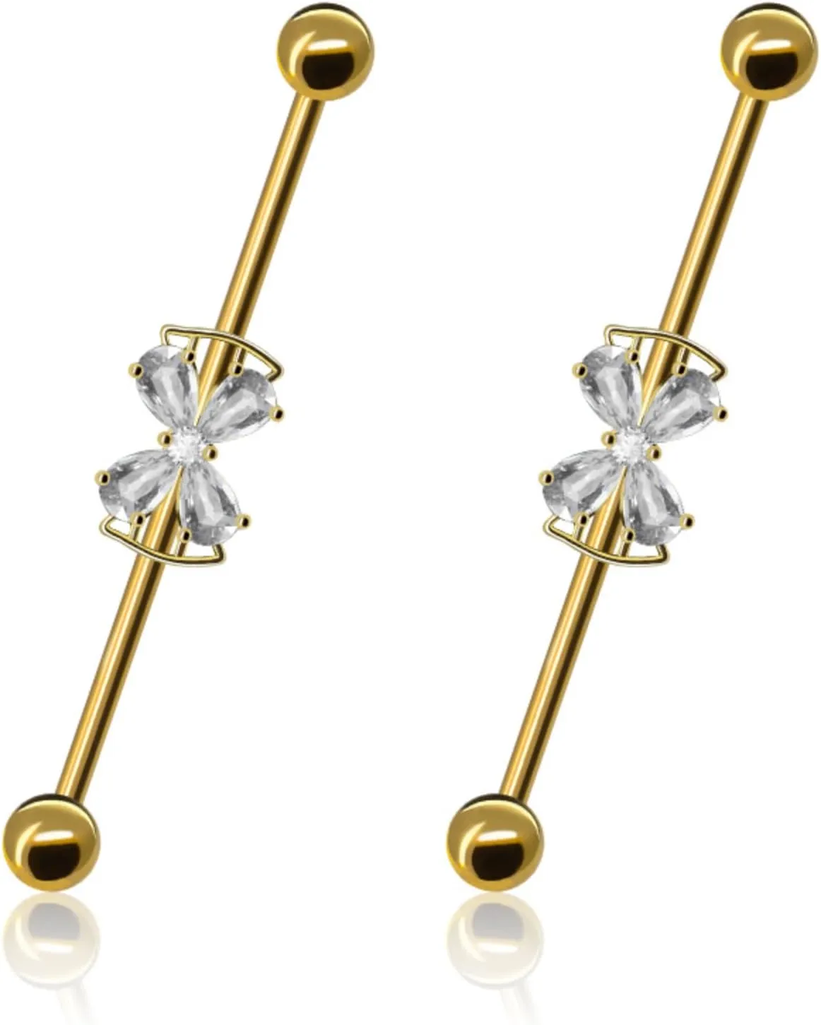 14G Stainless Steel Industrial Barbell Earrings CZ Gold Bar Bow Industrial Piercing Jewelry for Women Mens Cartilage Body Retainer 2Pcs