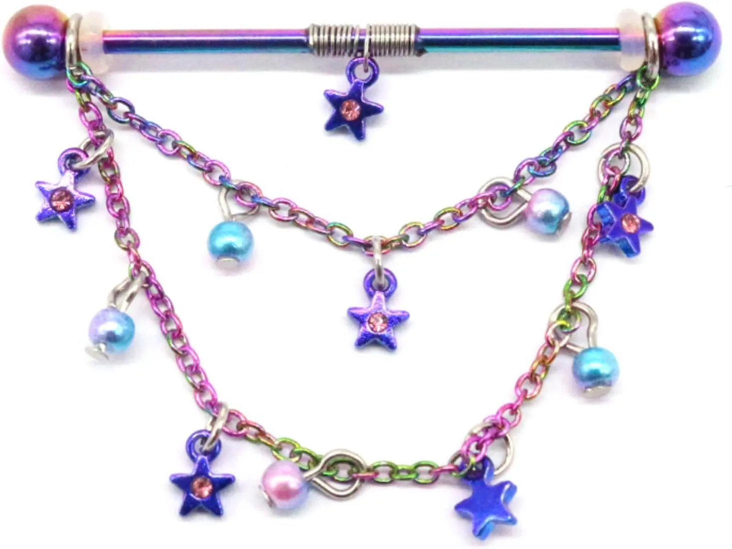 14G Stainless Steel Industrial Barbell Earrings Star Pearl Chain CZ Bar Colourful Industrial Piercing Jewelry for Women Mens Cartilage Body Retainer