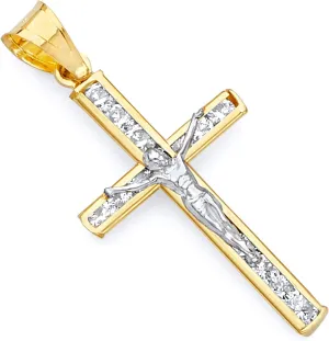 14k REAL Two Tone Gold CZ Crucifix Jesus Cross Religious Charm Pendant - 3 Different Design Available