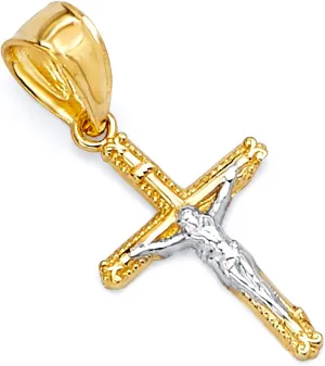 14k REAL Two Tone Gold Religious Jesus Crucifix Cross Charm Pendant