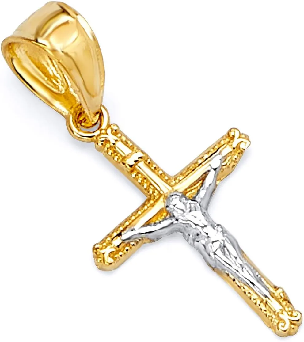 14k REAL Two Tone Gold Religious Jesus Crucifix Cross Charm Pendant