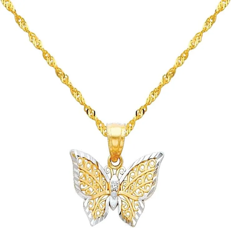 14k Two Tone Gold Butterfly Pendant with 1.2mm Singapore Chain Necklace