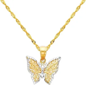14k Two Tone Gold Butterfly Pendant with 1.2mm Singapore Chain Necklace