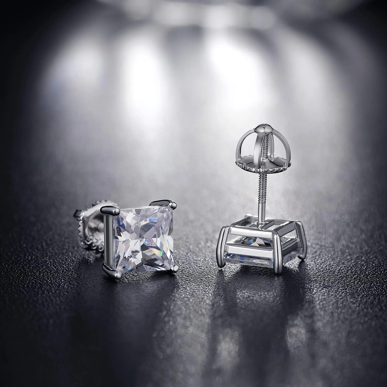 18K White Gold Plated Simulated Diamond Earrings for Men Women Cubic Zirconia Stud Earrings 925 Sterling Silver Screw Back CZ Stud Earrings 4MM-8MM for Unisex