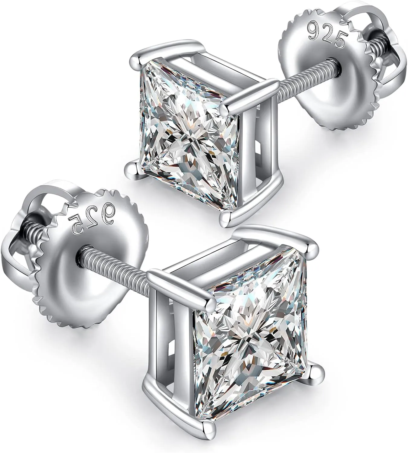 18K White Gold Plated Simulated Diamond Earrings for Men Women Cubic Zirconia Stud Earrings 925 Sterling Silver Screw Back CZ Stud Earrings 4MM-8MM for Unisex