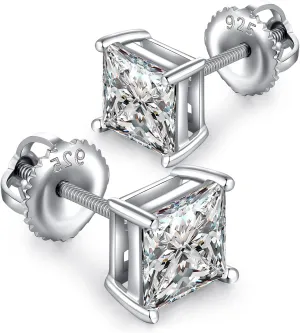 18K White Gold Plated Simulated Diamond Earrings for Men Women Cubic Zirconia Stud Earrings 925 Sterling Silver Screw Back CZ Stud Earrings 4MM-8MM for Unisex