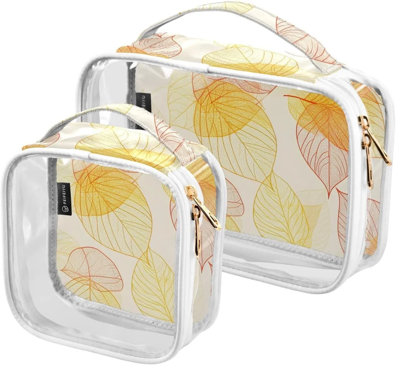 2 Pack Clear Makeup Bag, Autumn Leaves Pattern Cosmetic Organizer Waterproof Travel Toiletry Bags for Women Transparent Handbag Purse