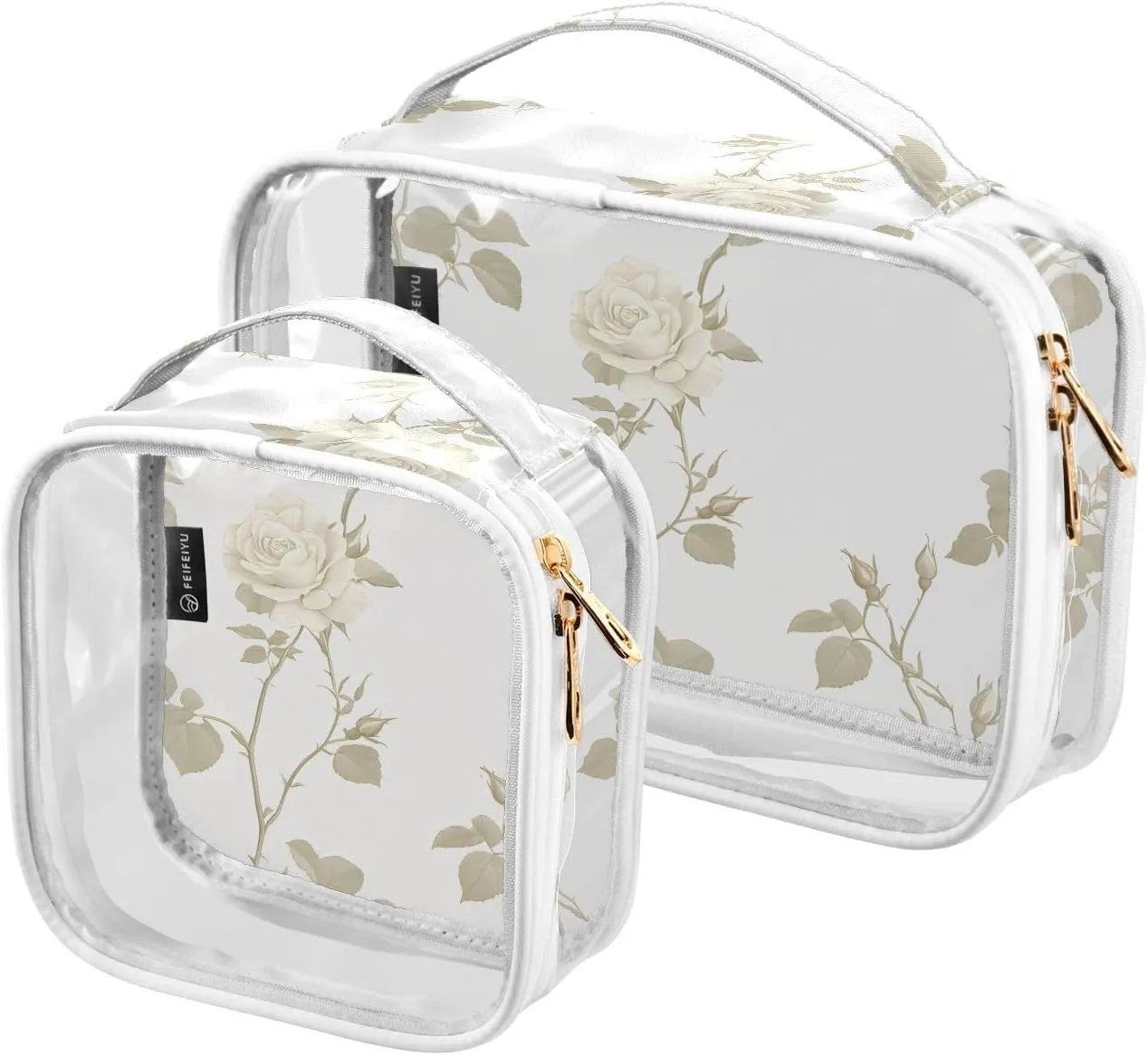 2 Pack Clear Makeup Bag, Beige Flower Leaves Cosmetic Organizer Waterproof Travel Toiletry Bags for Women Transparent Handbag Purse