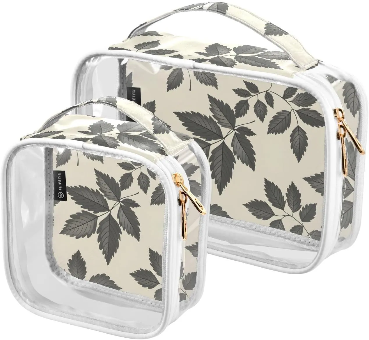 2 Pack Clear Makeup Bag, Beige Gray Leaves Pattern Cosmetic Organizer Waterproof Travel Toiletry Bags for Women Transparent Handbag Purse
