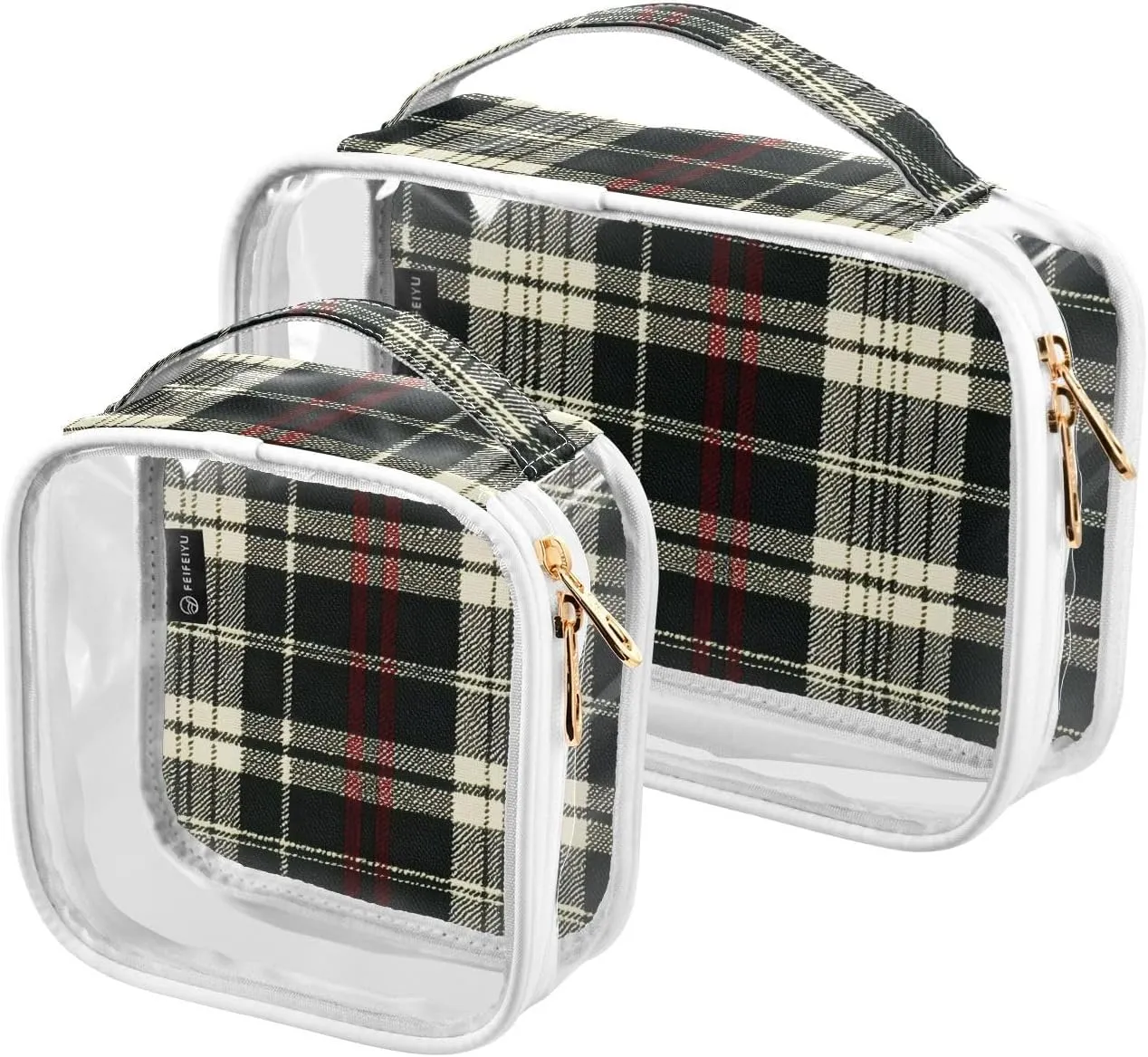 2 Pack Clear Makeup Bag, Black Red White Plaid Pattern Cosmetic Organizer Waterproof Travel Toiletry Bags for Women Transparent Handbag Purse