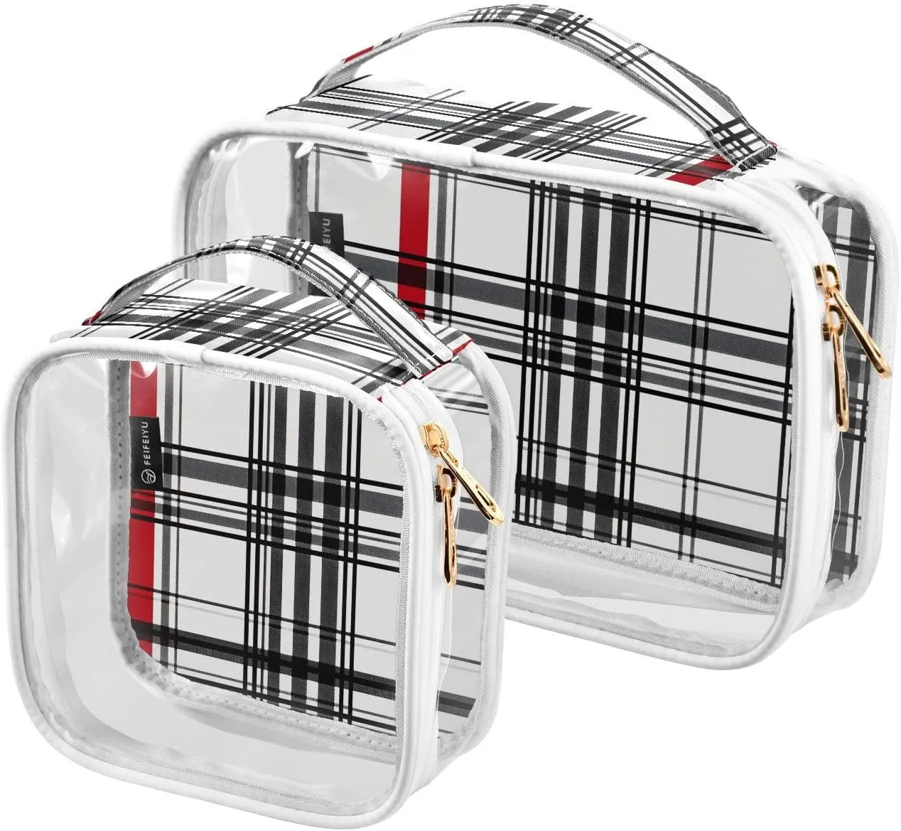 2 Pack Clear Makeup Bag, Black White Red Check Pattern Cosmetic Organizer Waterproof Travel Toiletry Bags for Women Transparent Handbag Purse