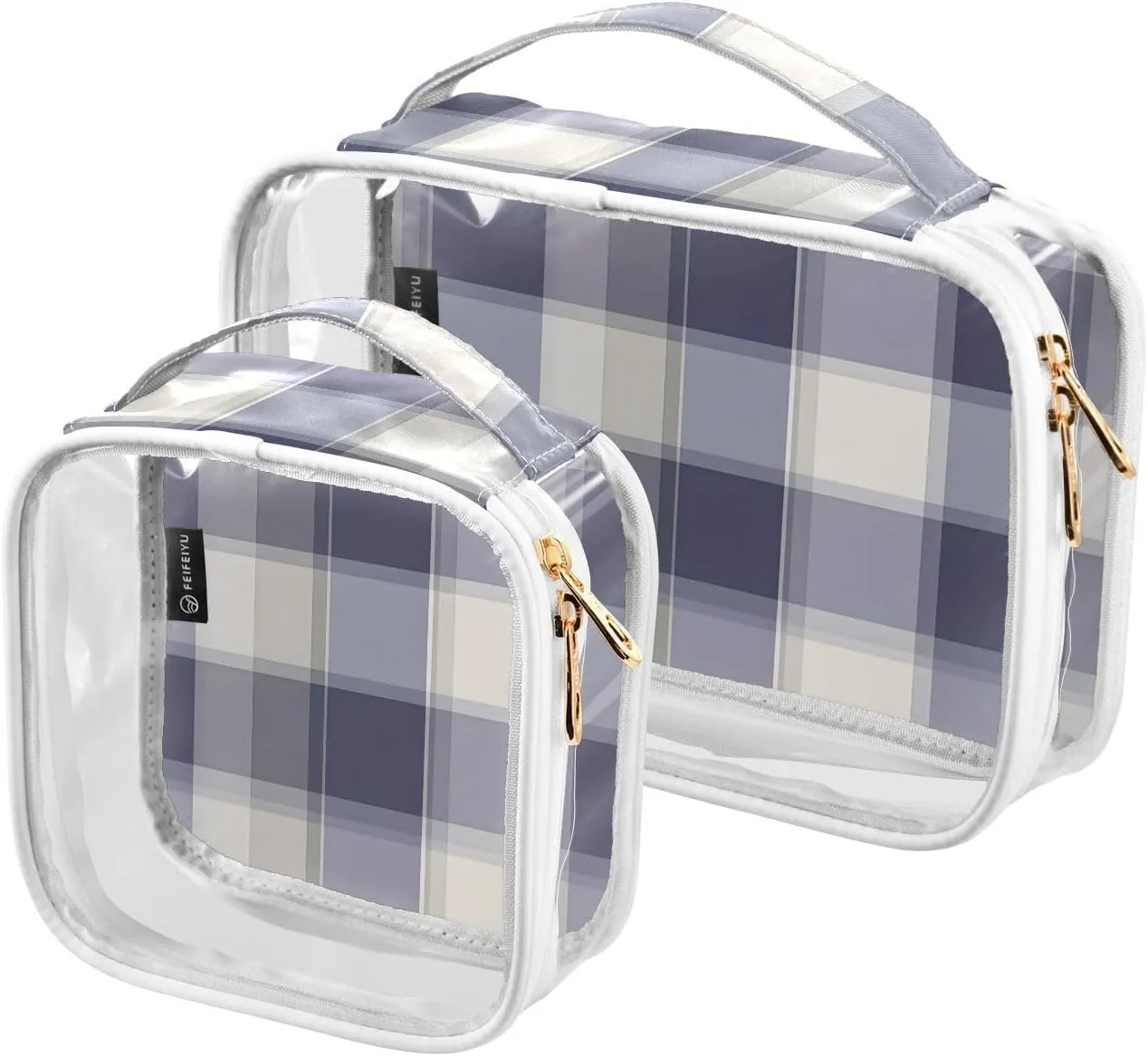 2 Pack Clear Makeup Bag, Blue Grey Plaid Pattern Cosmetic Organizer Waterproof Travel Toiletry Bags for Women Transparent Handbag Purse