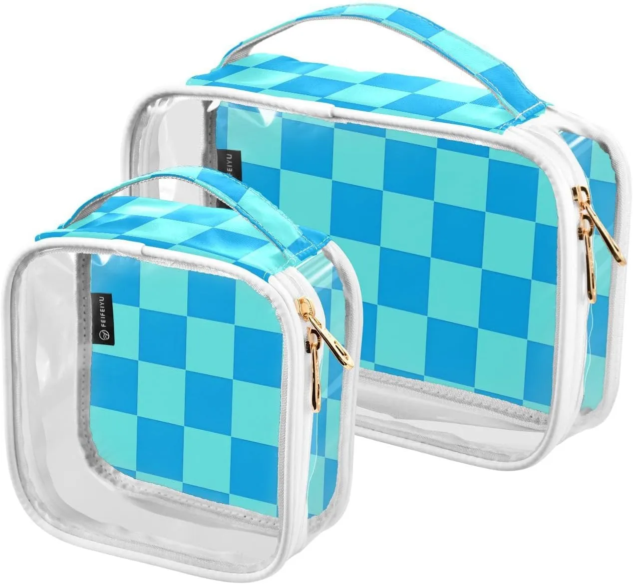 2 Pack Clear Makeup Bag, Blue Plaid Pattern Checkered Cosmetic Organizer Waterproof Travel Toiletry Bags for Women Transparent Handbag Purse