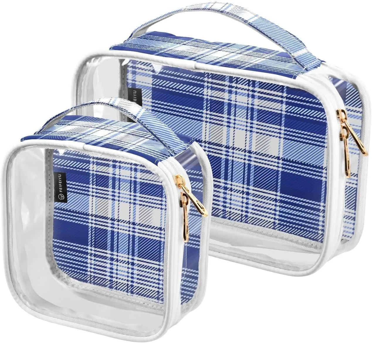 2 Pack Clear Makeup Bag, Blue White Plaid Pattern Cosmetic Organizer Waterproof Travel Toiletry Bags for Women Transparent Handbag Purse