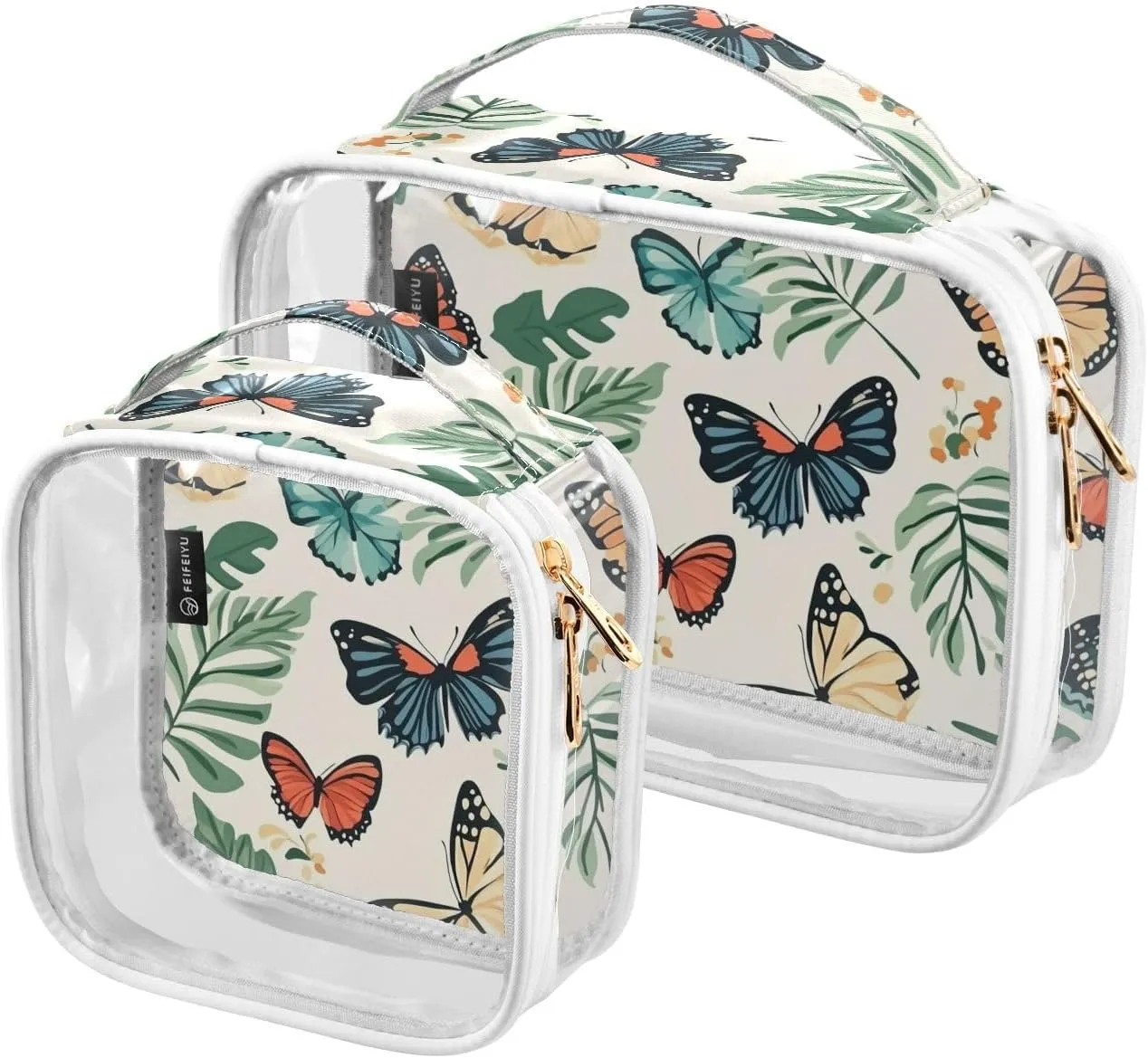 2 Pack Clear Makeup Bag, Butterfly and Leaves Cosmetic Organizer Waterproof Travel Toiletry Bags for Women Transparent Handbag Purse