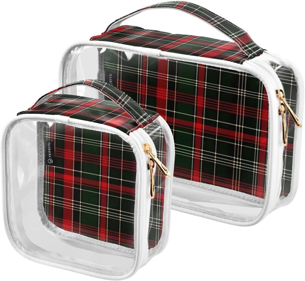 2 Pack Clear Makeup Bag, Christmas Checked Pattern Cosmetic Organizer Waterproof Travel Toiletry Bags for Women Transparent Handbag Purse