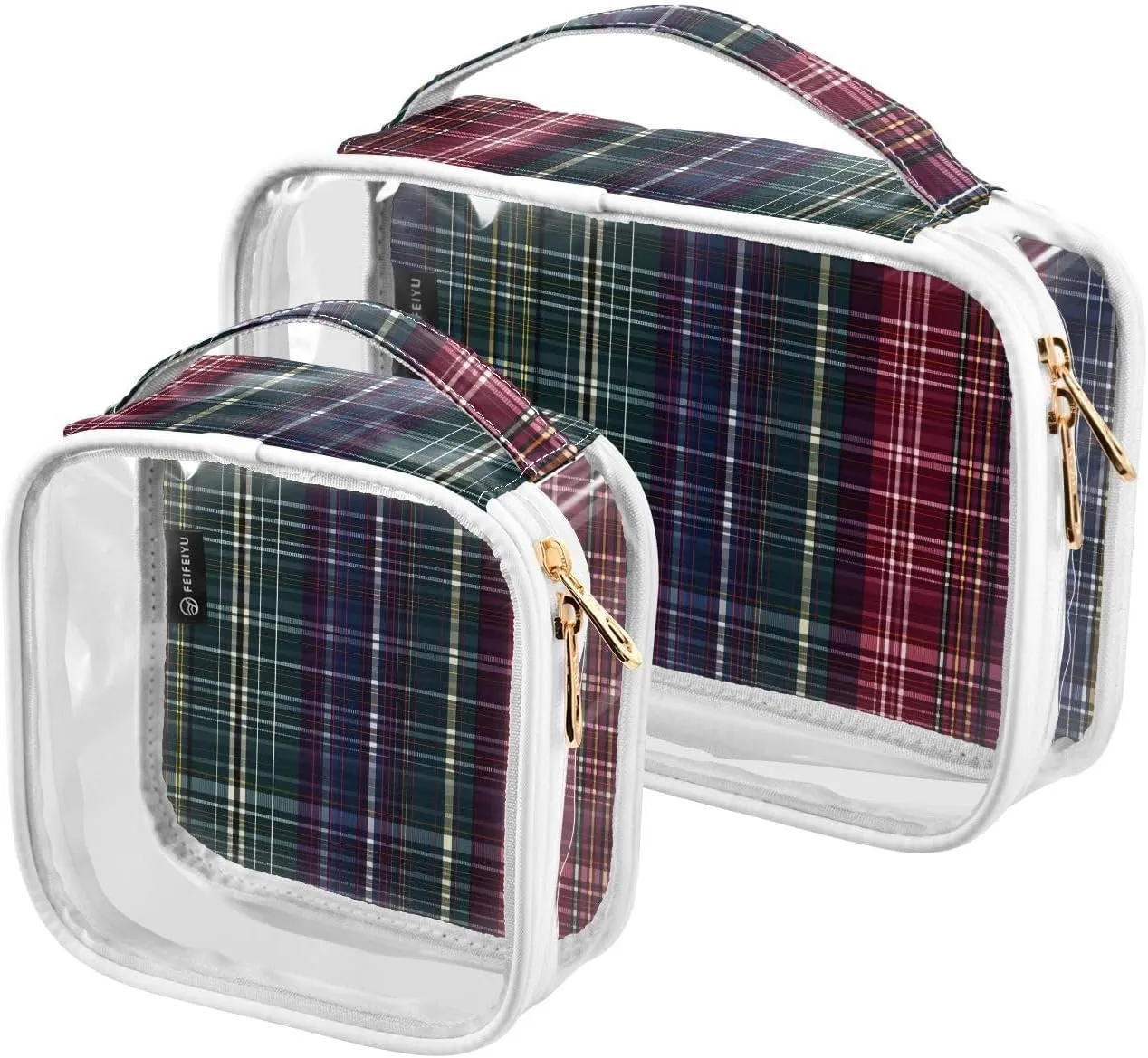 2 Pack Clear Makeup Bag, Dark Multicolor Plaid Pattern Cosmetic Organizer Waterproof Travel Toiletry Bags for Women Transparent Handbag Purse