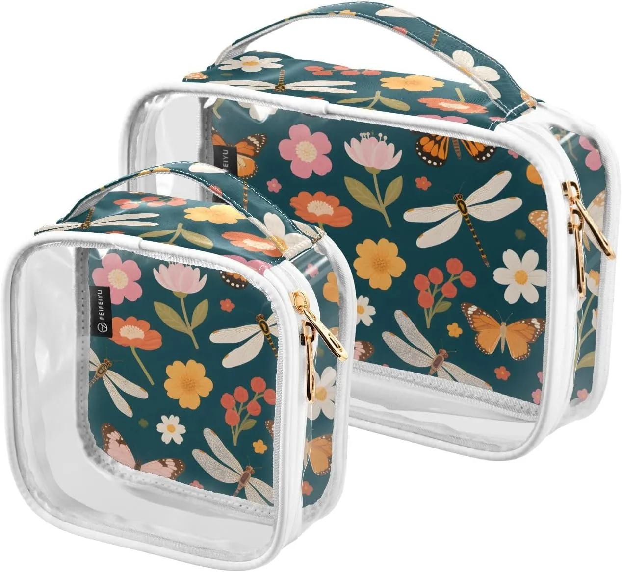 2 Pack Clear Makeup Bag, Dragonfly Butterfly Flowers Green Pink Cosmetic Organizer Waterproof Travel Toiletry Bags for Women Transparent Handbag Purse