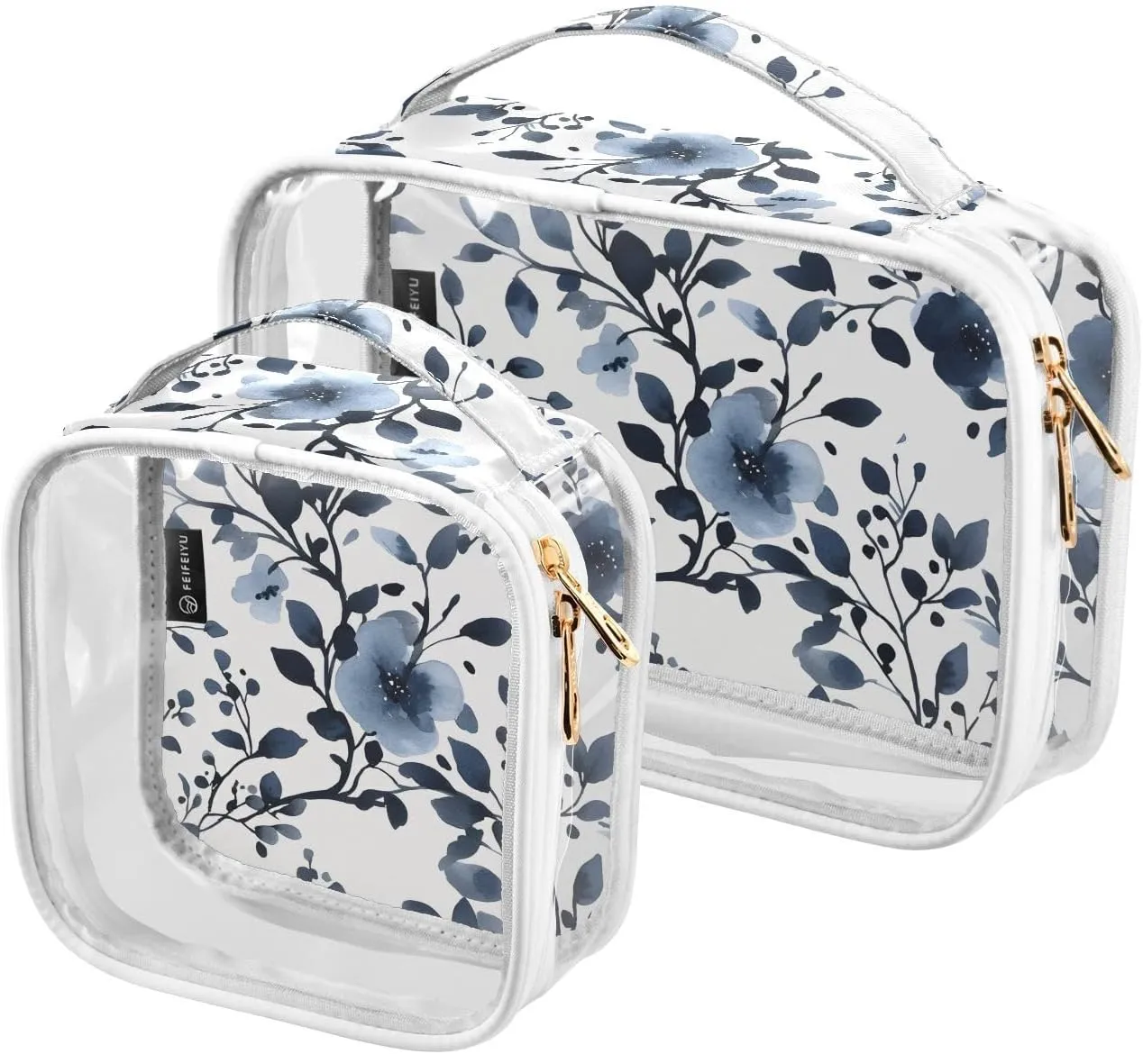 2 Pack Clear Makeup Bag, Flower Black Pattern Black Grey Leaves Cosmetic Organizer Waterproof Travel Toiletry Bags for Women Transparent Handbag Purse