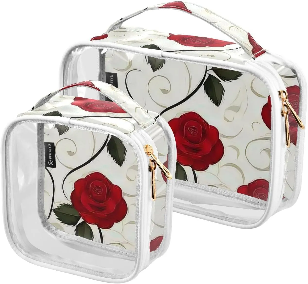 2 Pack Clear Makeup Bag, Flower Color Rose Pattern Cosmetic Organizer Waterproof Travel Toiletry Bags for Women Transparent Handbag Purse