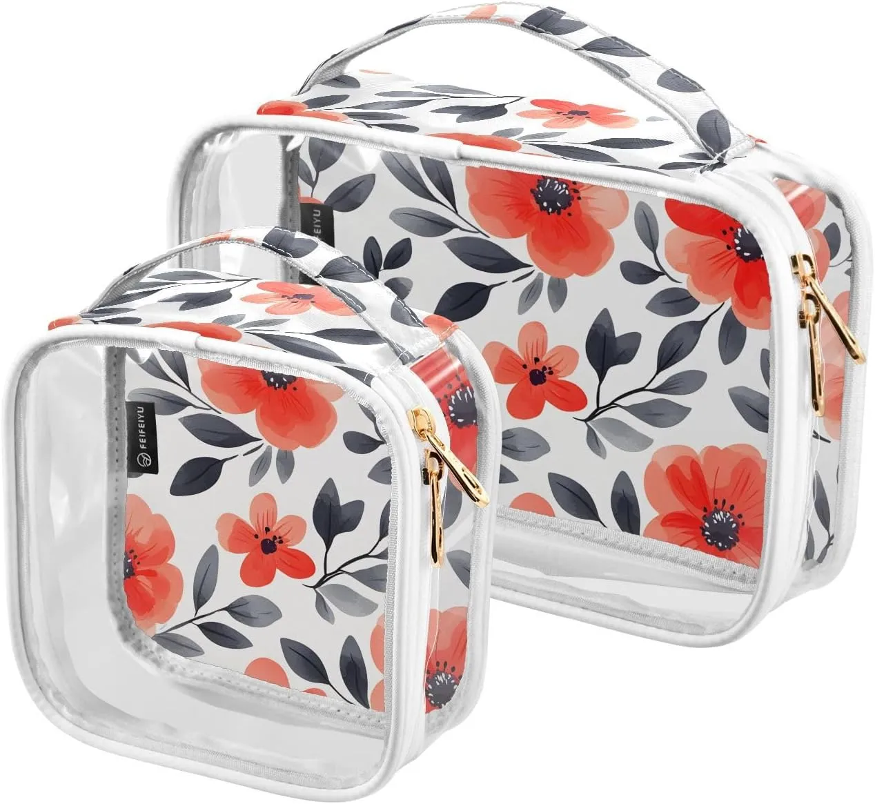 2 Pack Clear Makeup Bag, Flower Red Black Leaves Pattern Cosmetic Organizer Waterproof Travel Toiletry Bags for Women Transparent Handbag Purse