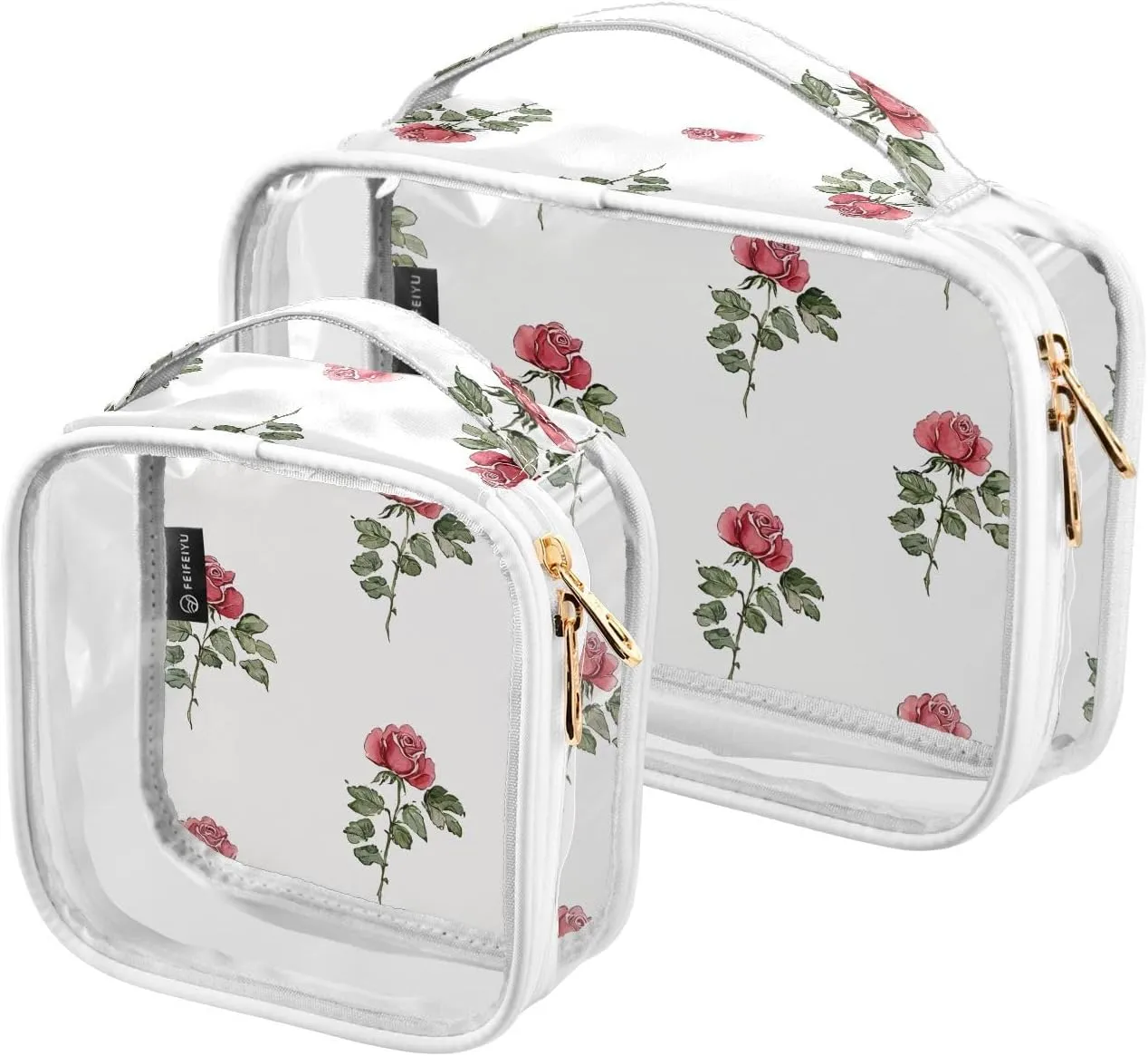 2 Pack Clear Makeup Bag, Flower Red White Pattern Cosmetic Organizer Waterproof Travel Toiletry Bags for Women Transparent Handbag Purse