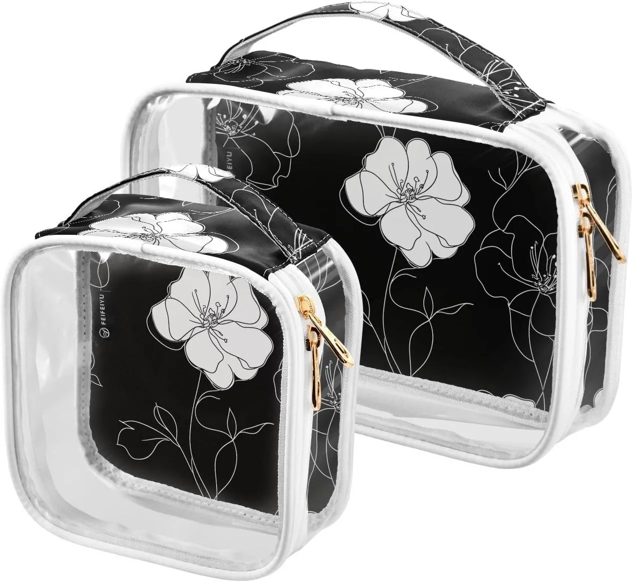 2 Pack Clear Makeup Bag, Flower White Black Leaves Pattern Cosmetic Organizer Waterproof Travel Toiletry Bags for Women Transparent Handbag Purse