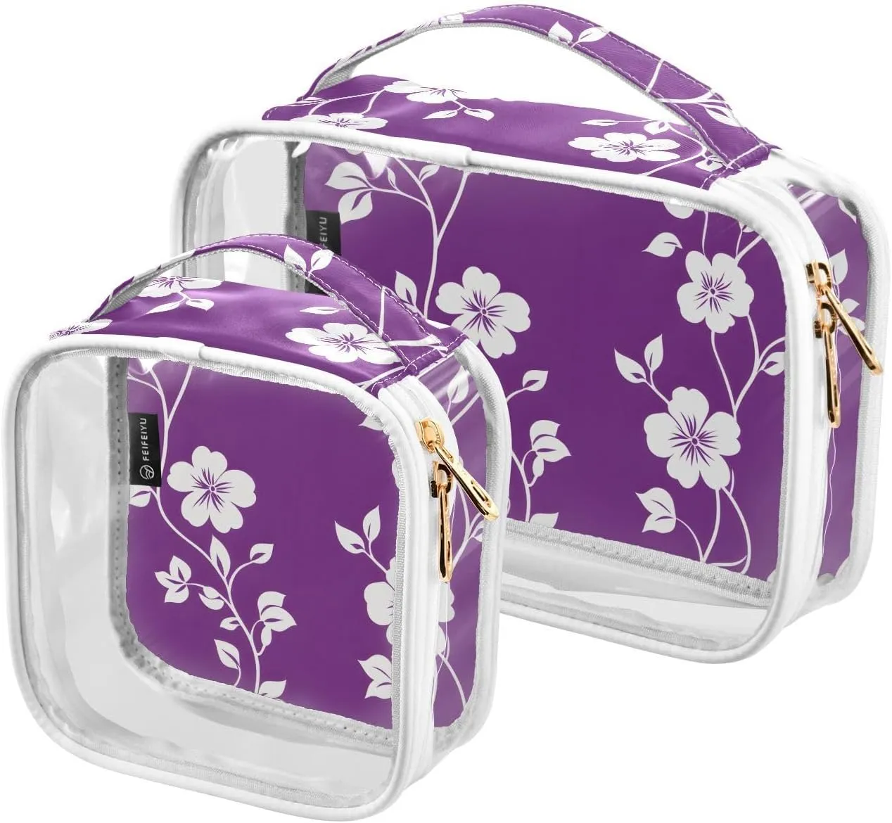 2 Pack Clear Makeup Bag, Flower White Purple Pattern Leaves Cosmetic Organizer Waterproof Travel Toiletry Bags for Women Transparent Handbag Purse