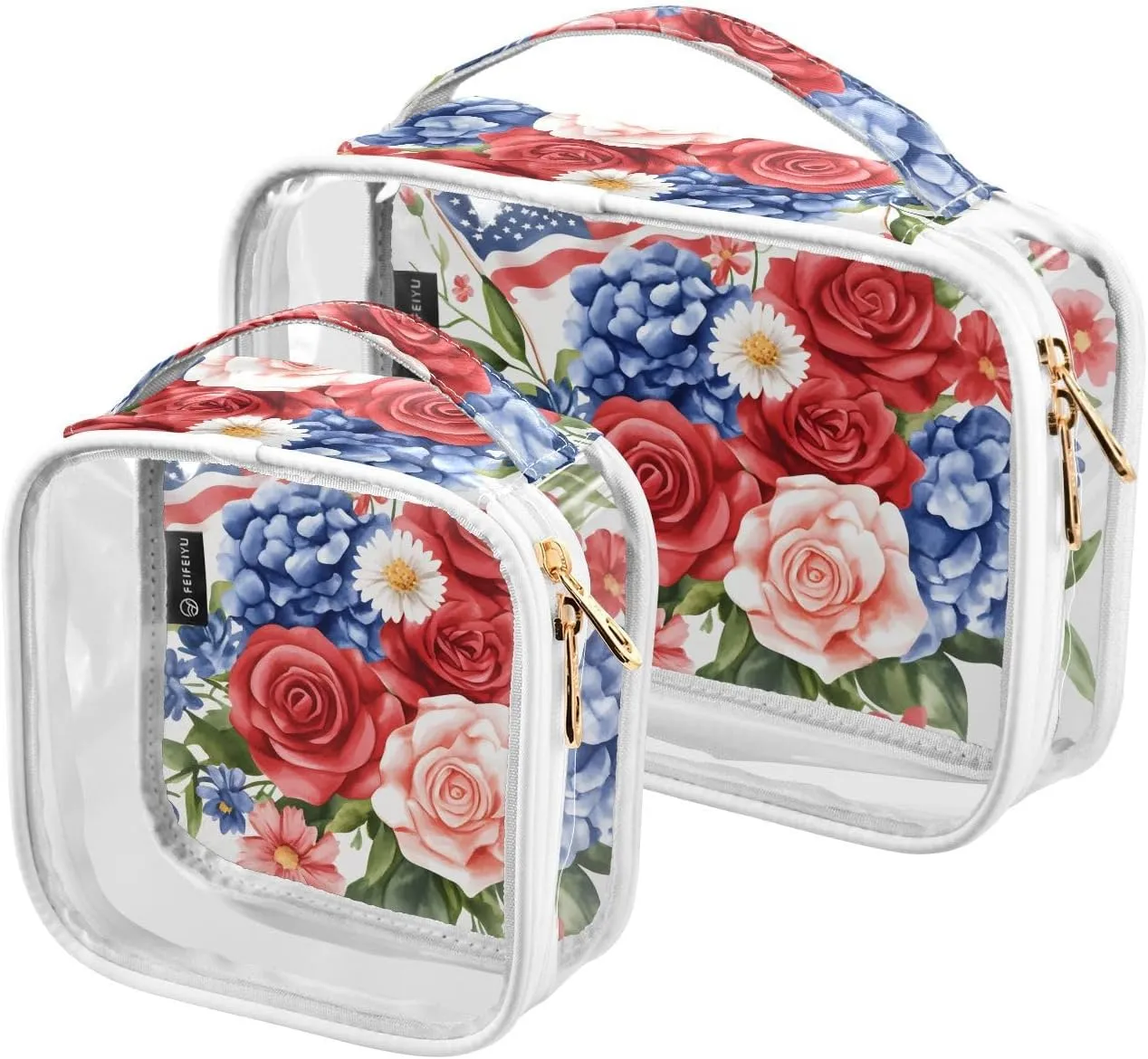 2 Pack Clear Makeup Bag, Flowers America Flag Red Blue Cosmetic Organizer Waterproof Travel Toiletry Bags for Women Transparent Handbag Purse