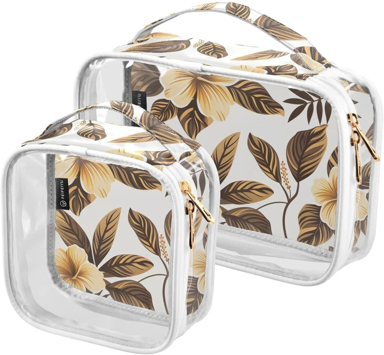 2 Pack Clear Makeup Bag, Gold Flower Leaves White Cosmetic Organizer Waterproof Travel Toiletry Bags for Women Transparent Handbag Purse