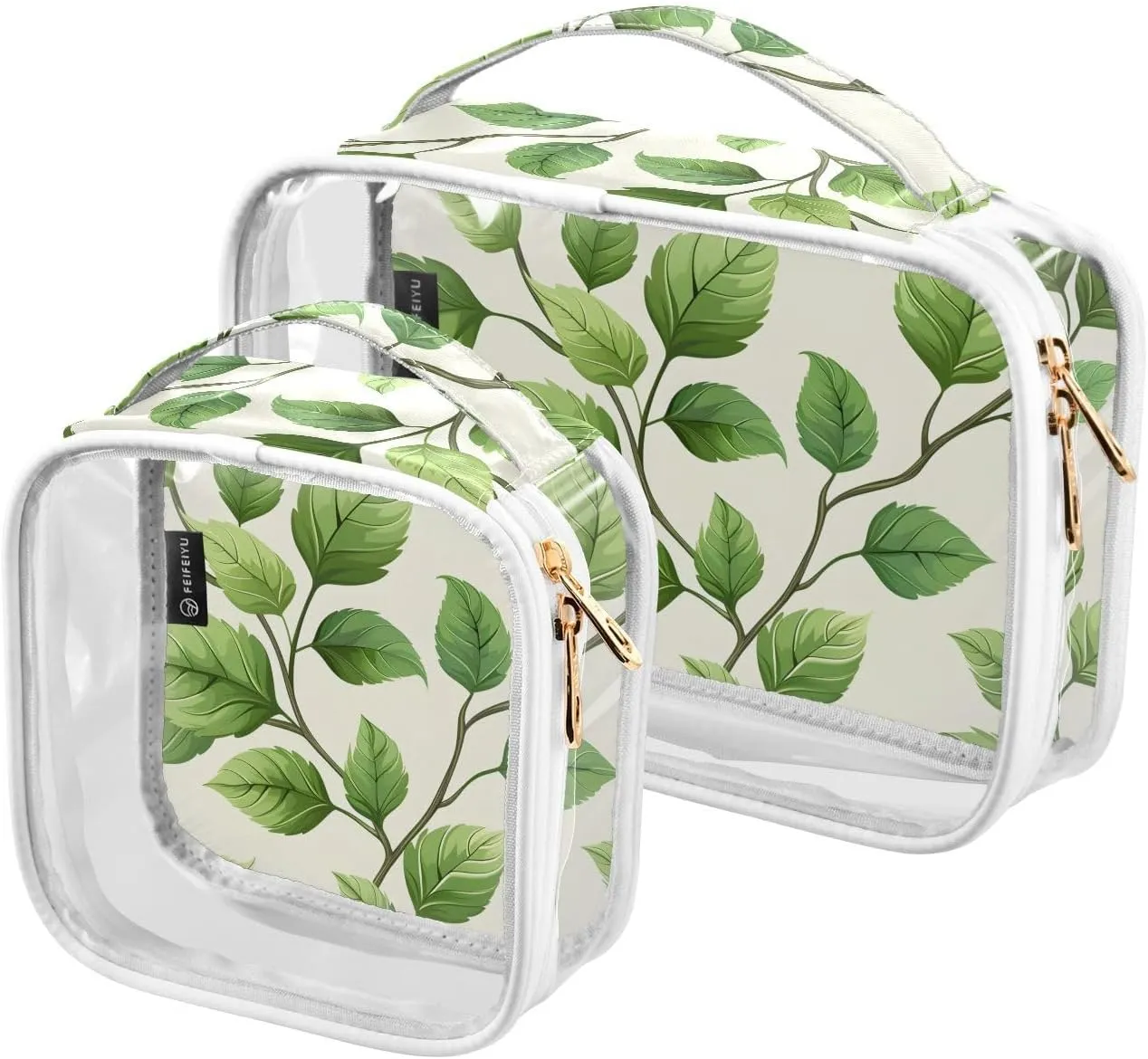 2 Pack Clear Makeup Bag, Green Leaves Green Botanical Cosmetic Organizer Waterproof Travel Toiletry Bags for Women Transparent Handbag Purse