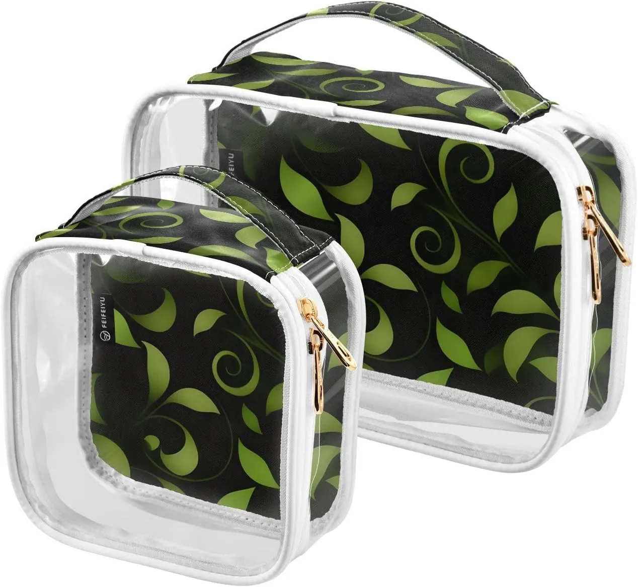 2 Pack Clear Makeup Bag, Green Leaves Pattern Cosmetic Organizer Waterproof Travel Toiletry Bags for Women Transparent Handbag Purse
