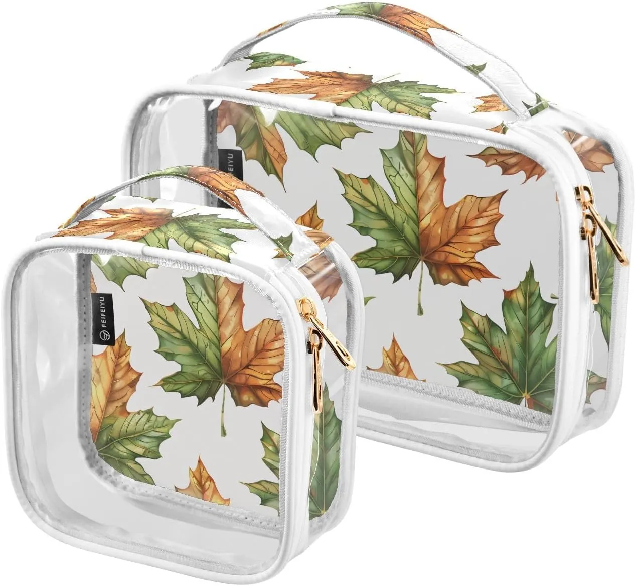 2 Pack Clear Makeup Bag, Leaves Brown Green Cosmetic Organizer Waterproof Travel Toiletry Bags for Women Transparent Handbag Purse