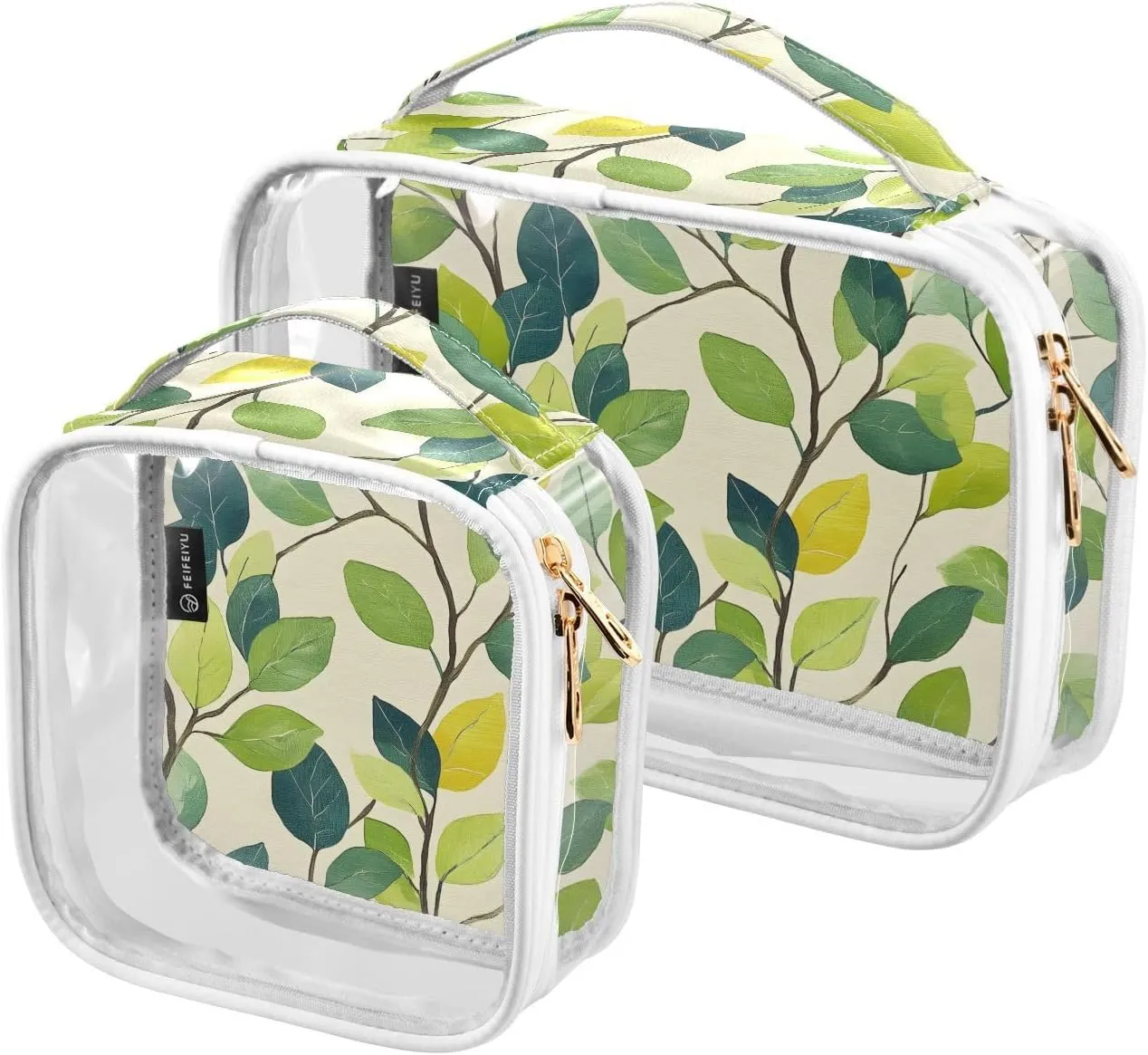 2 Pack Clear Makeup Bag, Leaves Green Pattern Plants Cosmetic Organizer Waterproof Travel Toiletry Bags for Women Transparent Handbag Purse
