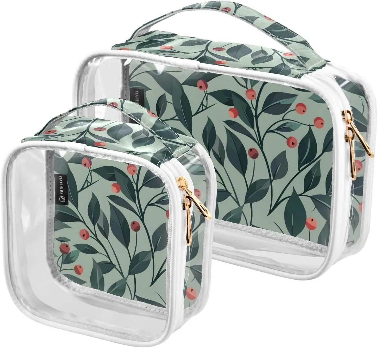 2 Pack Clear Makeup Bag, Leaves Red Fruit Green Cosmetic Organizer Waterproof Travel Toiletry Bags for Women Transparent Handbag Purse