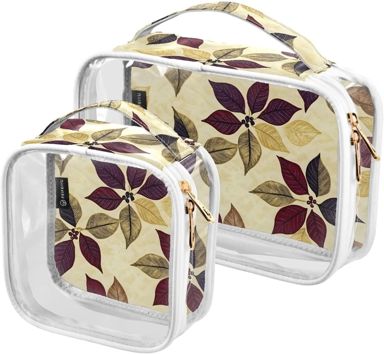 2 Pack Clear Makeup Bag, Leaves Red White Pattern Cosmetic Organizer Waterproof Travel Toiletry Bags for Women Transparent Handbag Purse