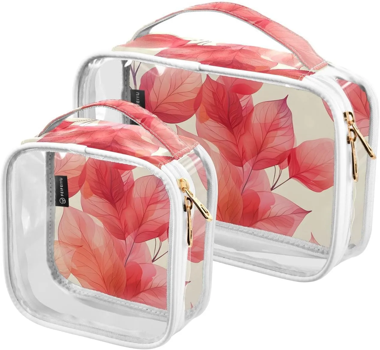 2 Pack Clear Makeup Bag, Leaves Watercolor Color Pattern Cosmetic Organizer Waterproof Travel Toiletry Bags for Women Transparent Handbag Purse