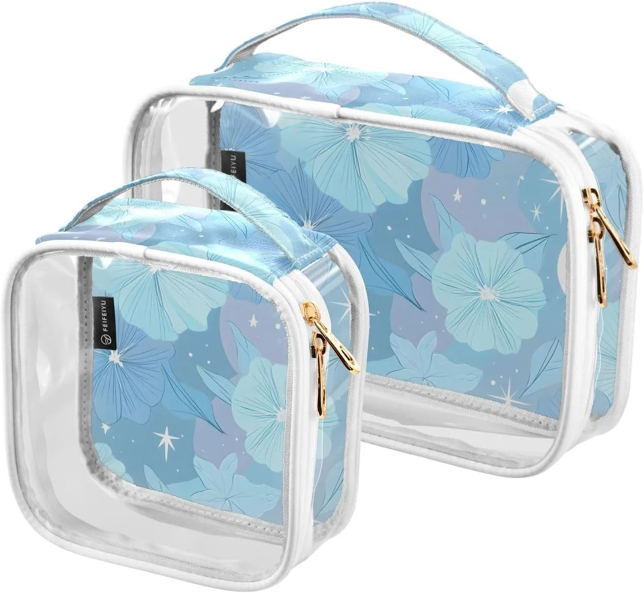 2 Pack Clear Makeup Bag, Light Blue Flowers Pattern Cosmetic Organizer Waterproof Travel Toiletry Bags for Women Transparent Handbag Purse