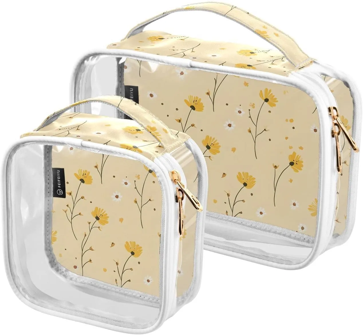 2 Pack Clear Makeup Bag, Little Flower Pattern Yellow Cosmetic Organizer Waterproof Travel Toiletry Bags for Women Transparent Handbag Purse